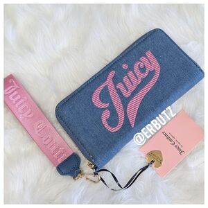 Juicy Couture Medium Washed Denim Too Cute Large Wallet w/ Logo Wrist Strap